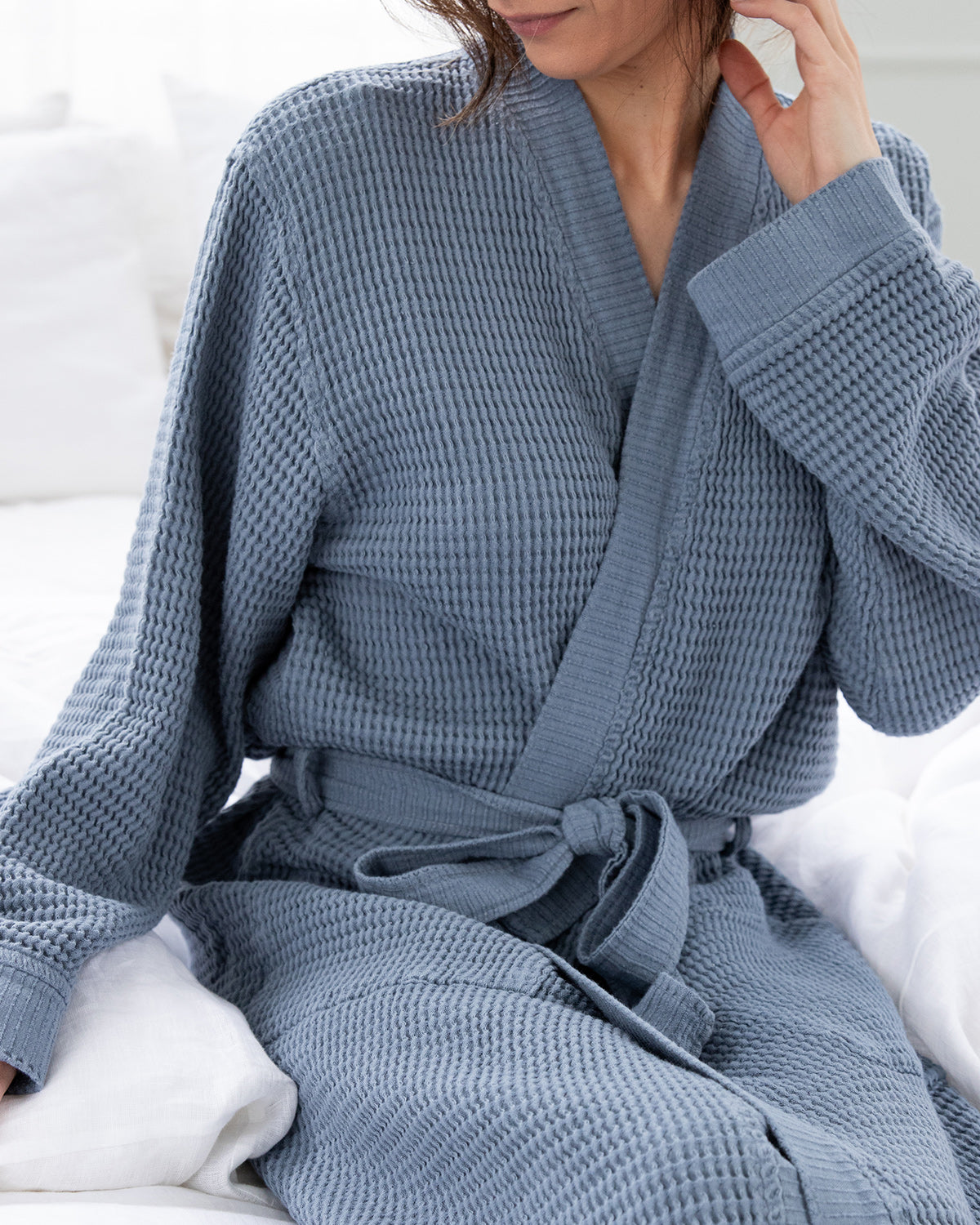 Washed Cotton/Bamboo Waffle Robe Pool Blue - Au Lit Fine Linens