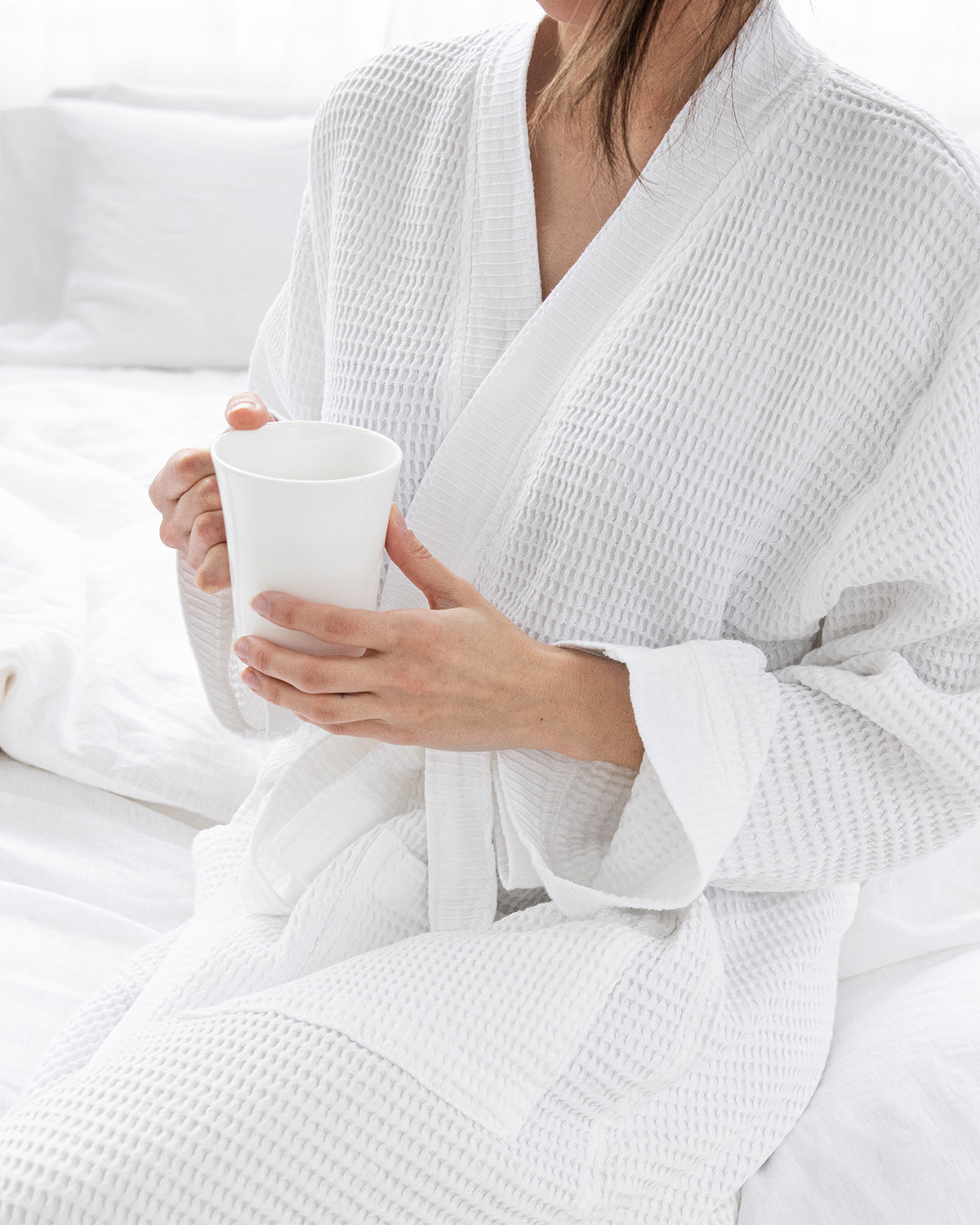 Washed Cotton/Bamboo Waffle Robe White - Au Lit Fine Linens